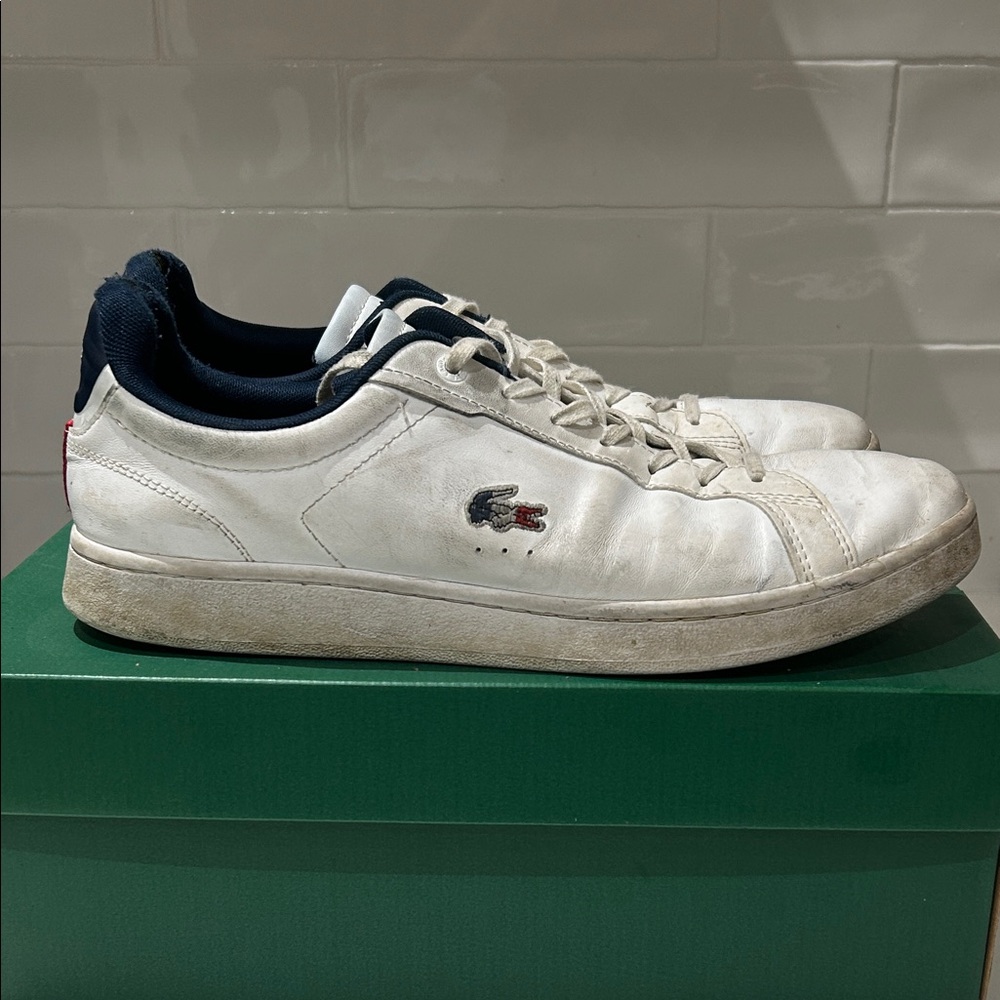 Lacoste White Leather Sneakers with Navy Collar and Red Accent